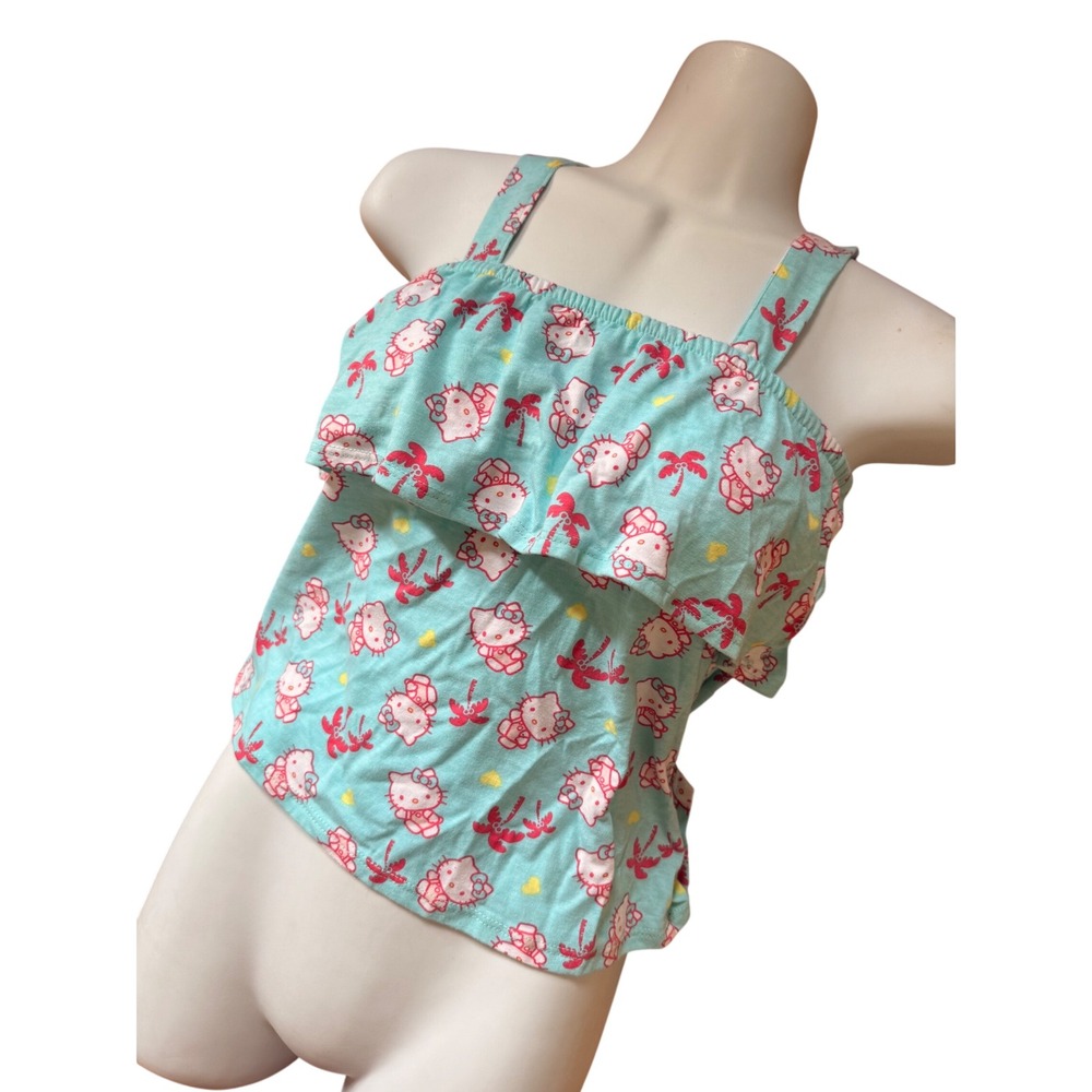 Y2K kawaii Hello Kitty Sanrio Kids Turquoise Tropical Palm Tree Ruffle‎ Tank Top